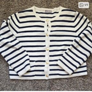 J. Crew White and Navy Striped Cotton Cardigan with Gold Buttons